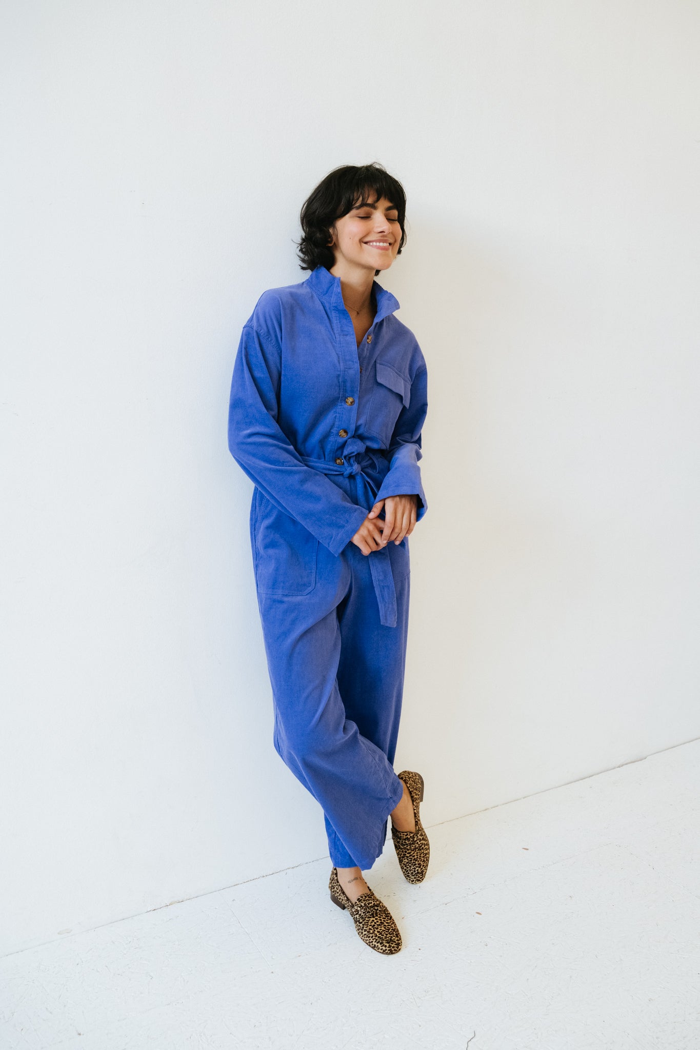 combinaison pantalon col montant boutonnage apparent velours milleraies Ady Violet Frnch Bonny Lyon