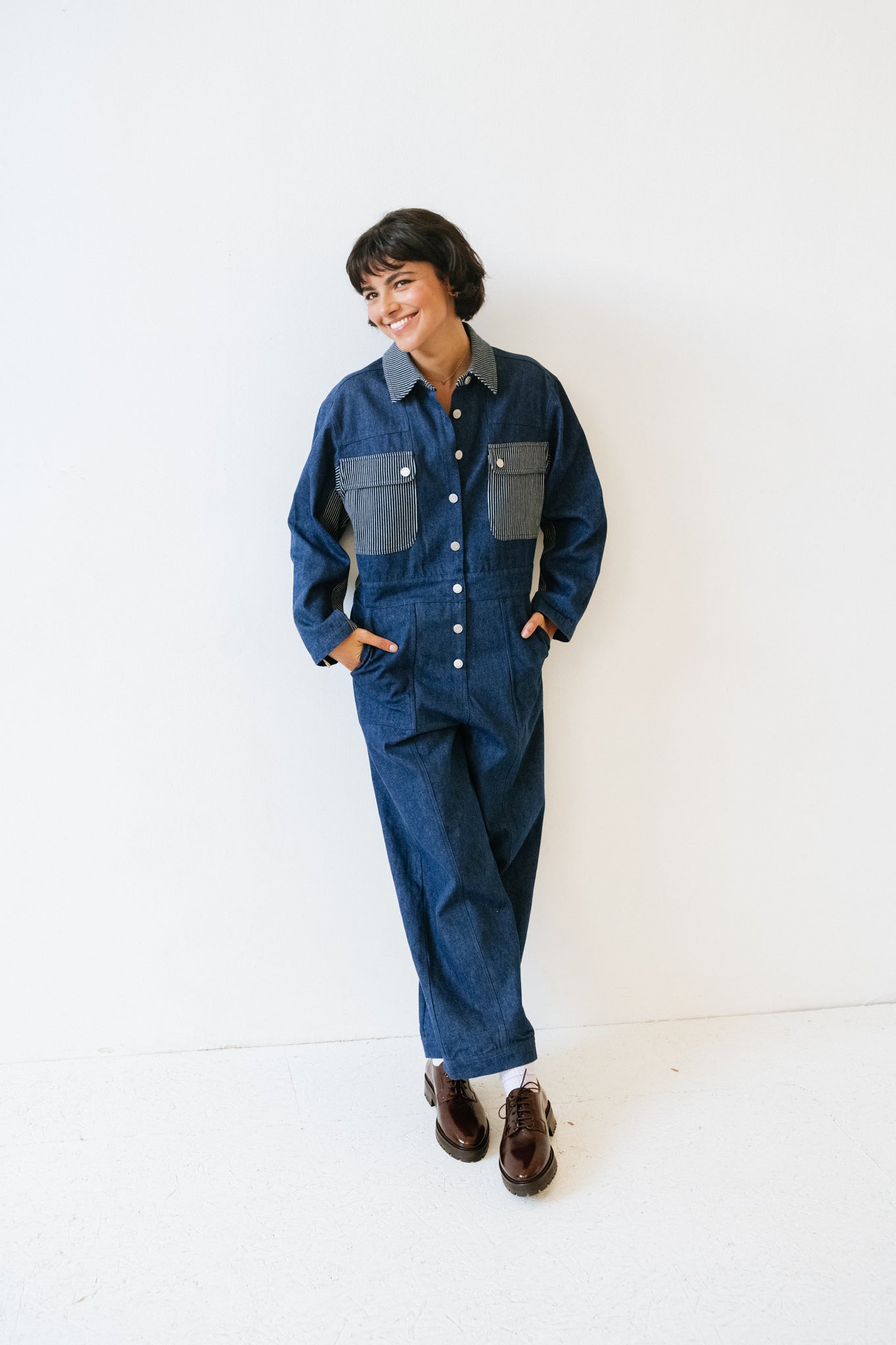 combinaison pantalon large en denim Nella Marine Frnch Bonny Lyon
