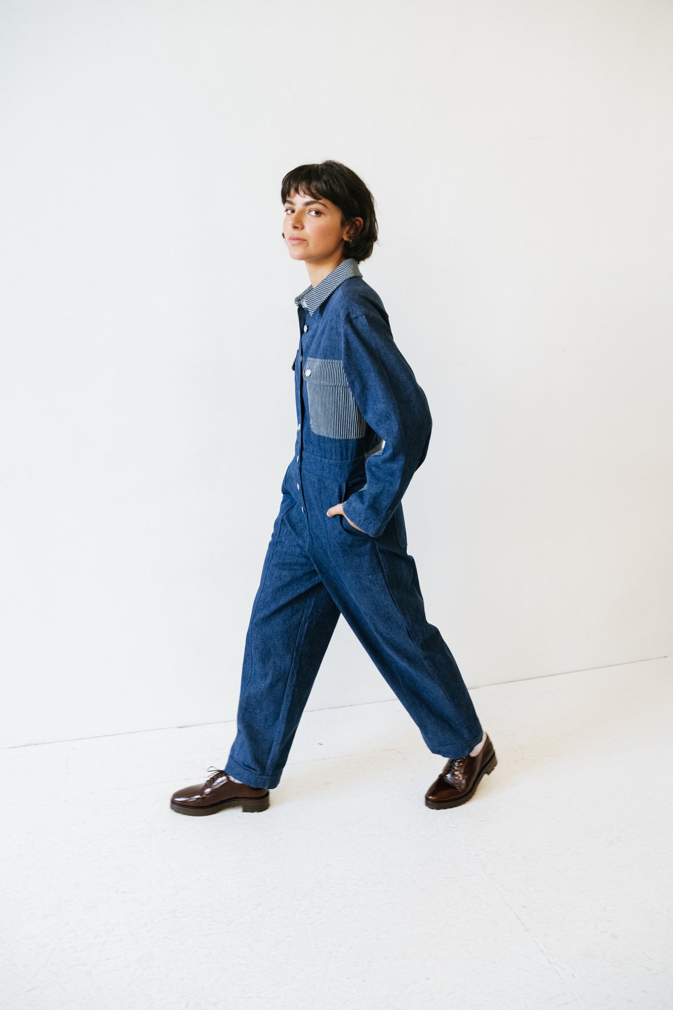 combinaison pantalon large en denim Nella Marine Frnch Bonny Lyon