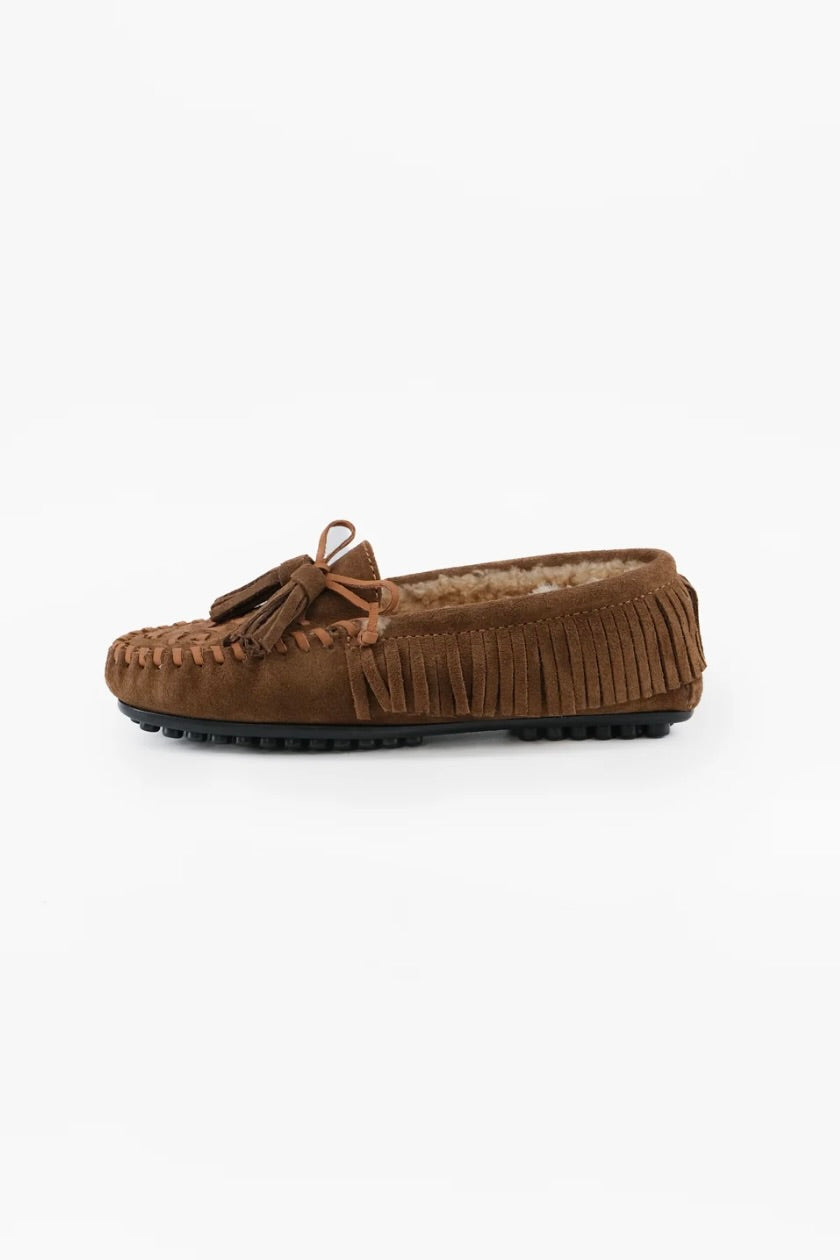 mocassins à franges souples en daim doublé de fourrure sherling semelle caoutchouc Momo Toral -- Bonny Lyon