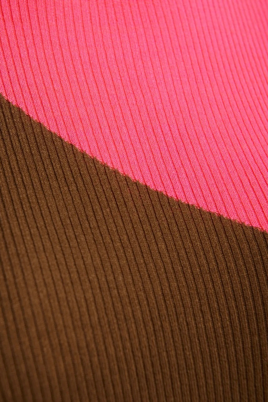 Pul col roulé coupe ajustée maille finement côtelée bicolore kaki/écru camel/rose Essentiel Antwerp Concert -- Bonny Lyon