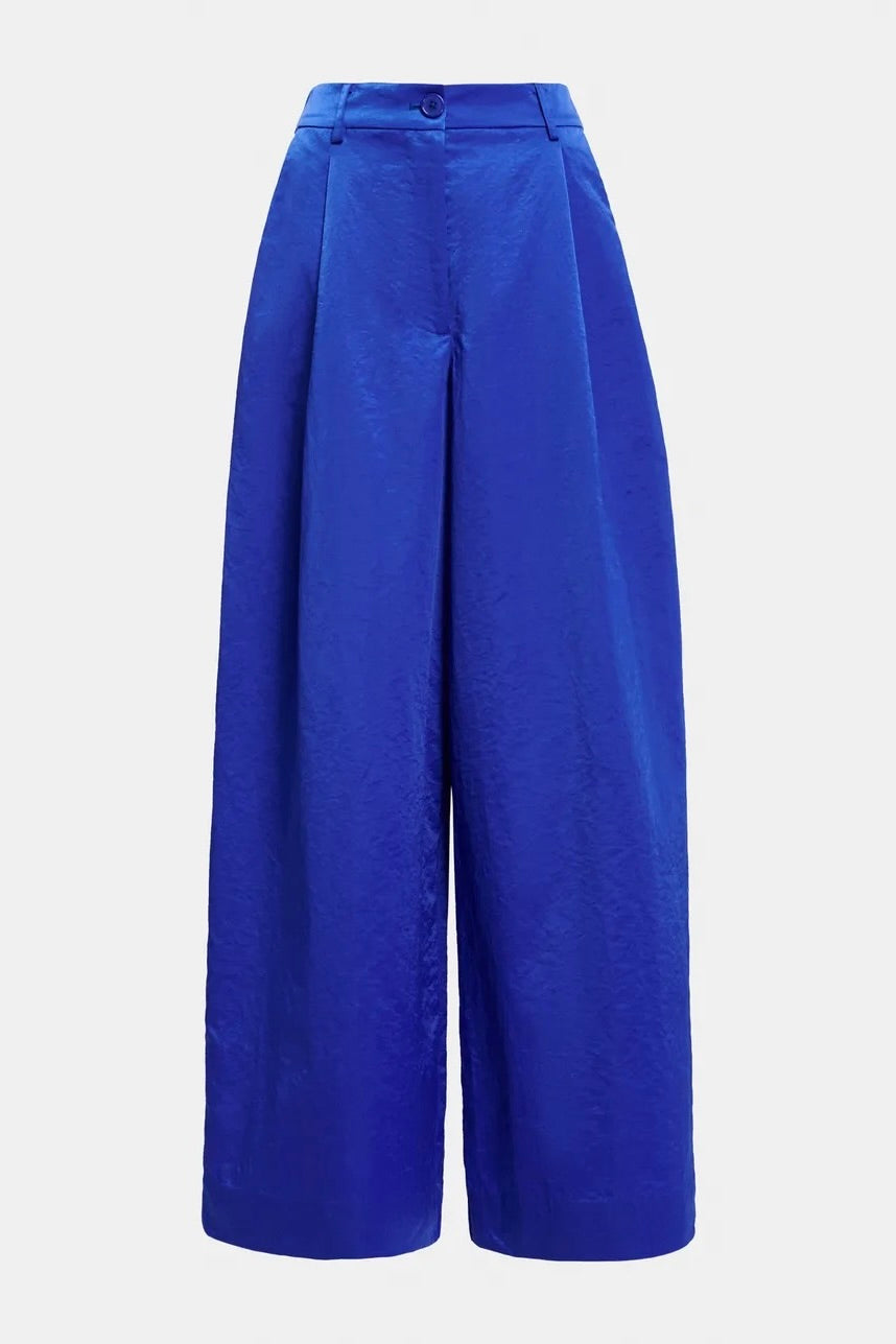 pantalon a jambes larges bleu cobalt taille haute tissu satiné Essentiel Antwerp Karmen -- Bonny Lyon