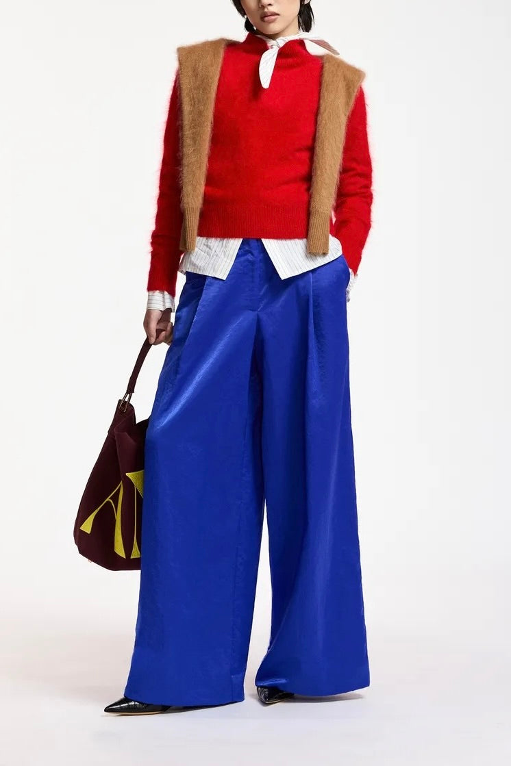 pantalon a jambes larges bleu cobalt taille haute tissu satiné Essentiel Antwerp Karmen -- Bonny Lyon
