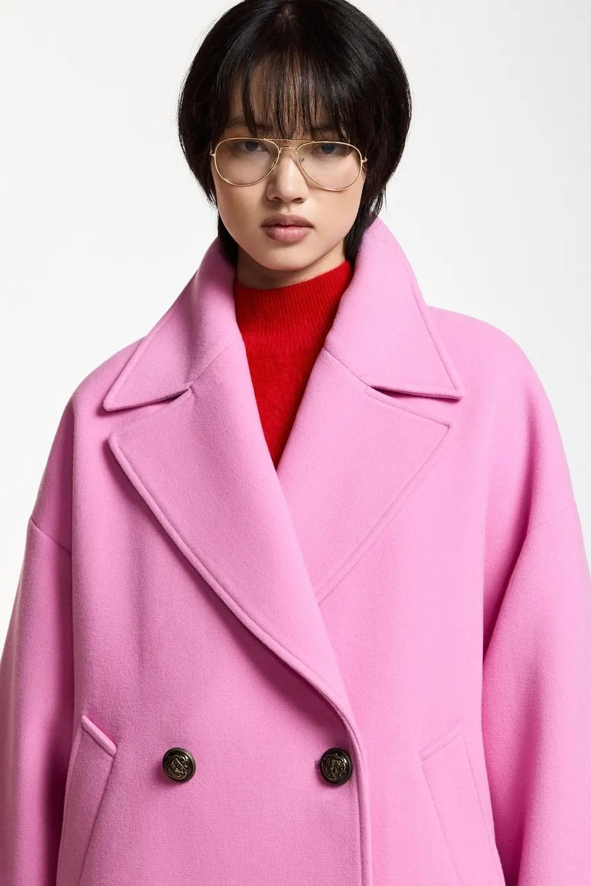 Manteau court oversized en laine rose bonbon Essentiel Antwerp Kidney -- Bonny Lyon