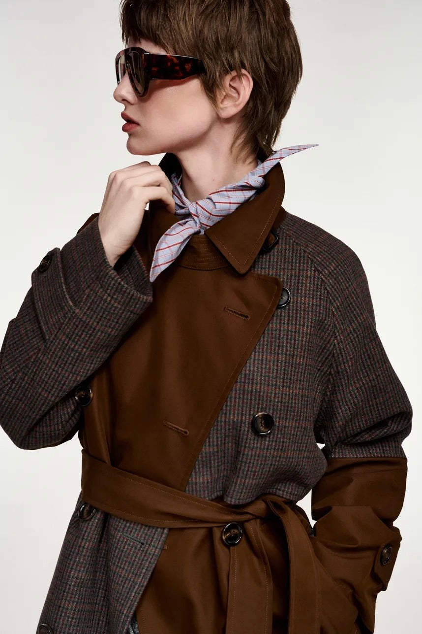 Trench bimatière patchwork marron et carreaux Kagu Essentiel Antwerp -- Bonny Lyon