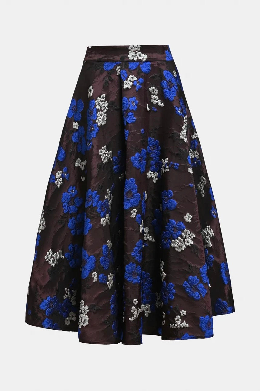 Jupe cercle mi-longue en jacquard fleuri bordeaux foncé, bleu cobalt et blanc cassé Essentiel Antwerp Kathyanne -- Bonny Lyon