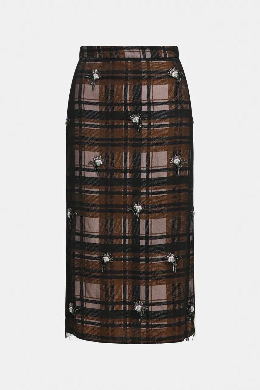 Jupe midi tartan marron recouvert de tulle brodé de perles et strass Essentiel Antwerp Kate -- Bonny Lyon