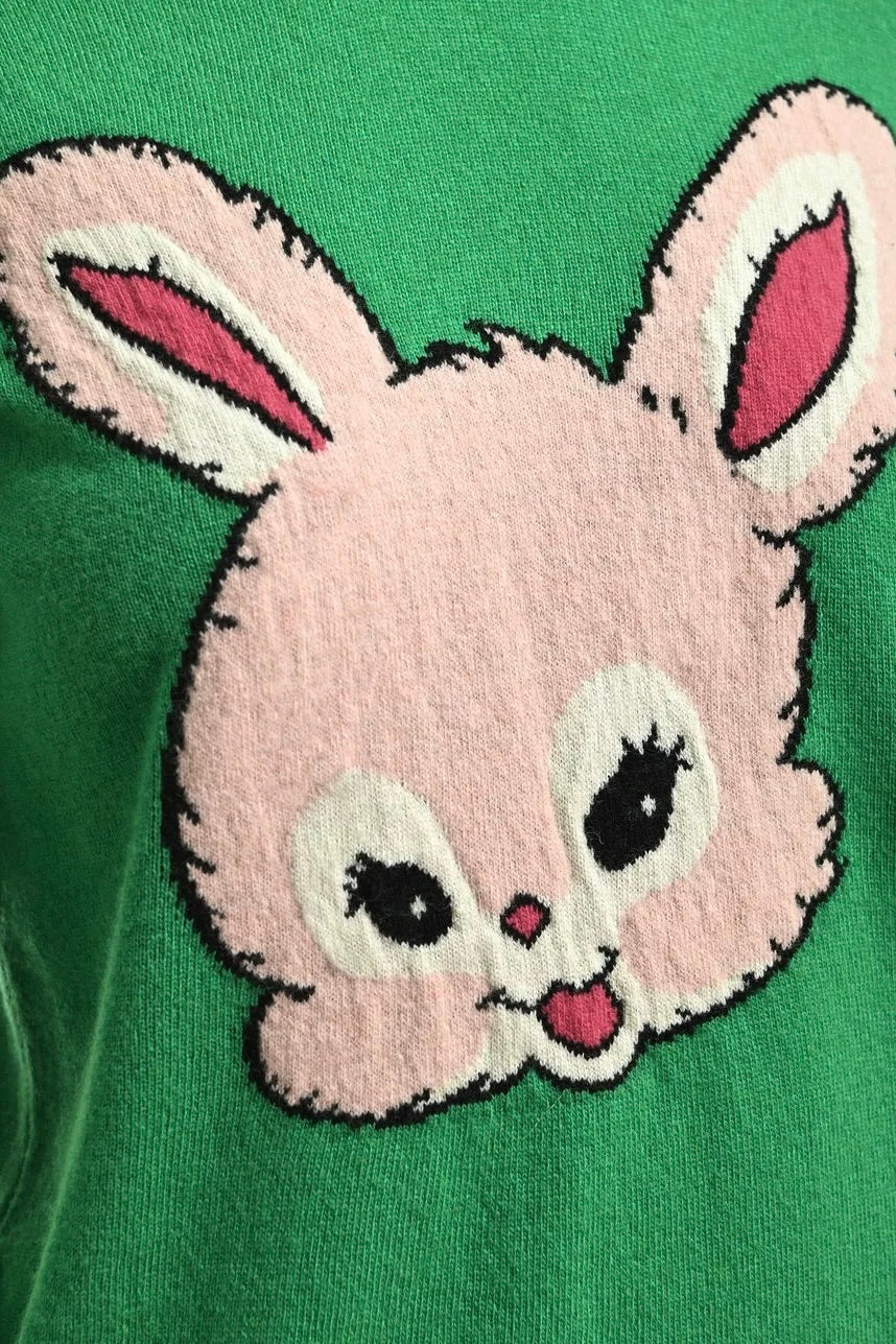 Pull vert vif avec motif intersia lapin rose Capital Essentiel Antwerp -- Bonny Lyon