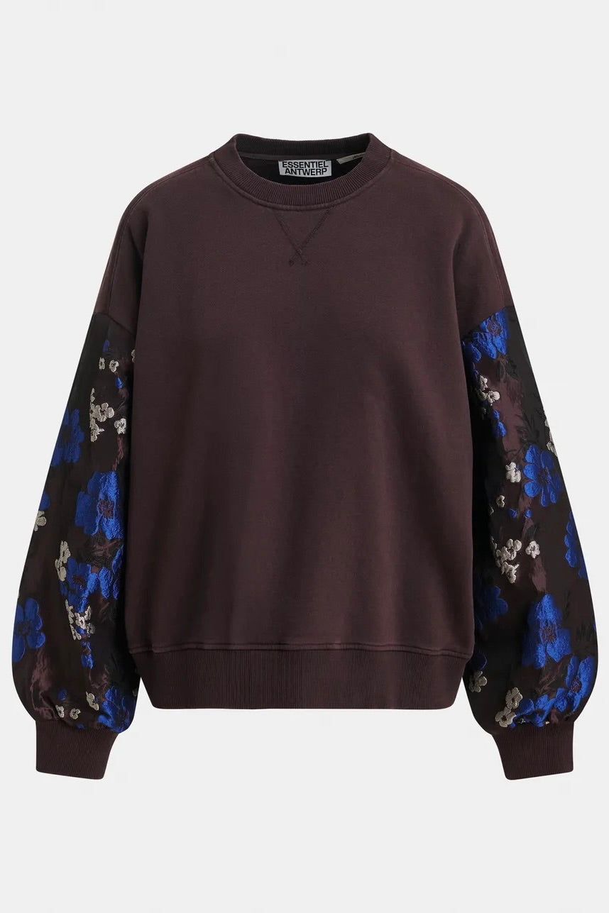 Sweatshirt aux manches en jacquard fleuri fond bordeaux foncé, bleu cobalt et écru coupe oversized, assorti à la jupe Kathyanne Essentiel Antwerp Kueer -- Bonny Lyon