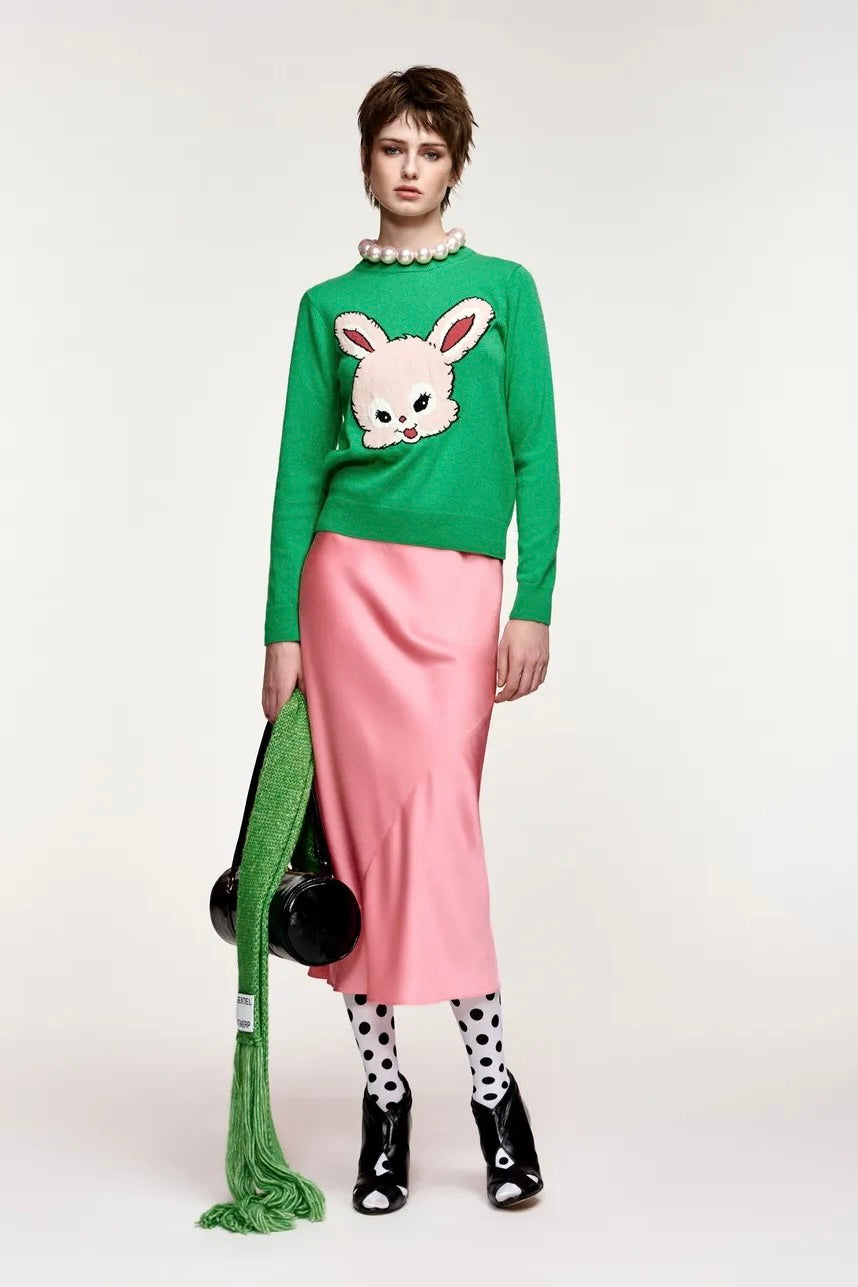 Pull vert vif avec motif intersia lapin rose Capital Essentiel Antwerp -- Bonny Lyon