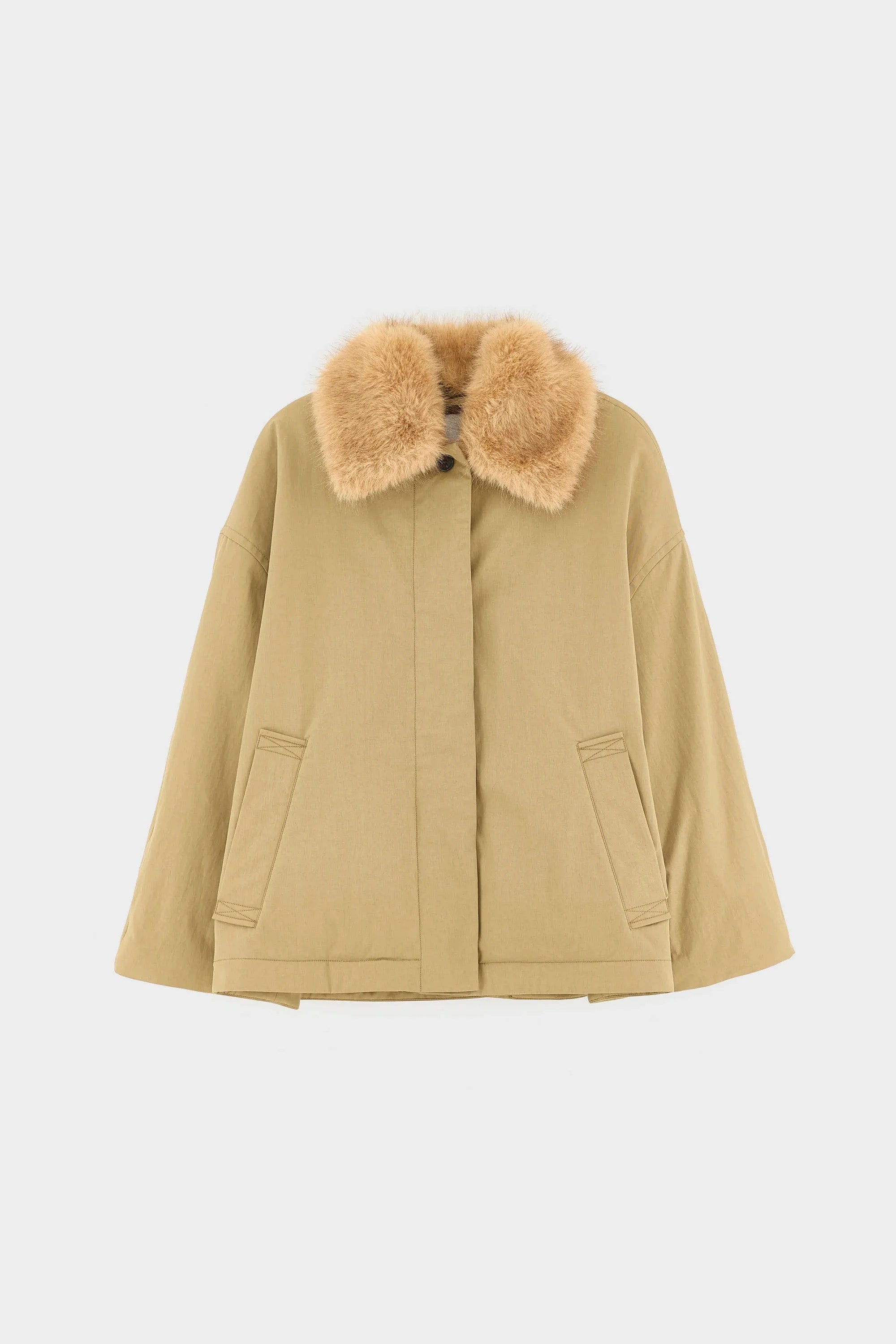 Veste courte coupe boxy coloris camel/kaki col en fausse fourrure amovible entièrement doublée de fausse fourrure Bellerose Hilma -- Bonny Lyon