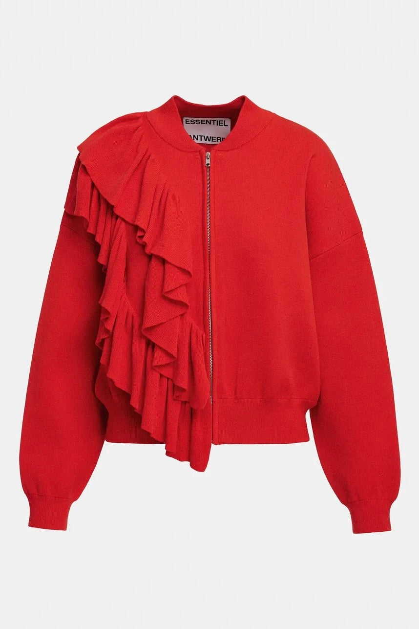Cardigan à zip avec volants en cascade rouge vif Kodi Firestarter Essentiel Antwerp -- Bonny Lyon