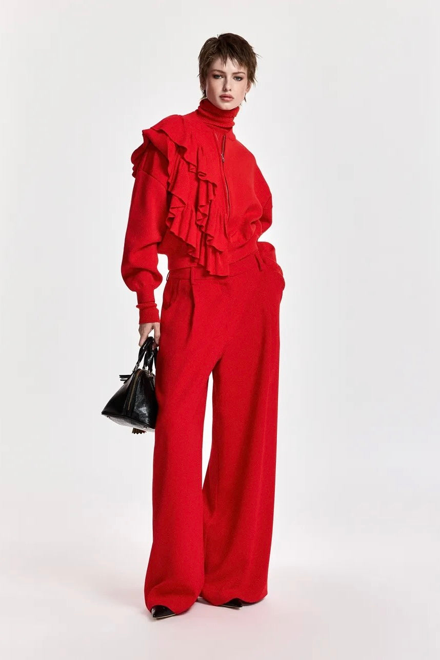 Cardigan à zip avec volants en cascade rouge vif Kodi Firestarter Essentiel Antwerp -- Bonny Lyon
