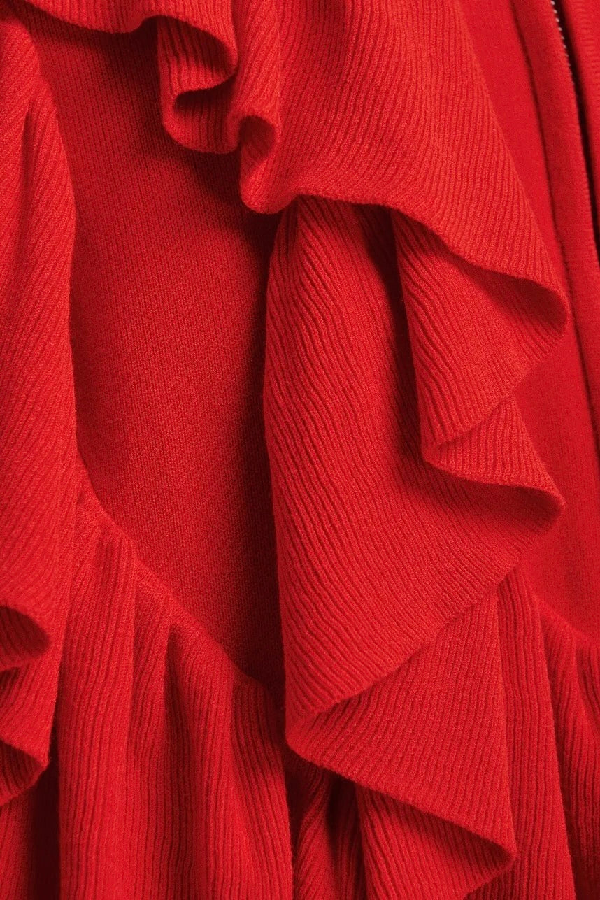 Cardigan à zip avec volants en cascade rouge vif Kodi Firestarter Essentiel Antwerp -- Bonny Lyon