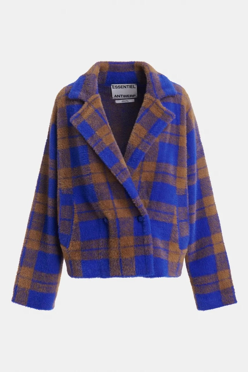 Cardigan oversized maille ultra douce carreaux bleu et camel Essentiel Antwerp Carreaux -- Bonny Lyon