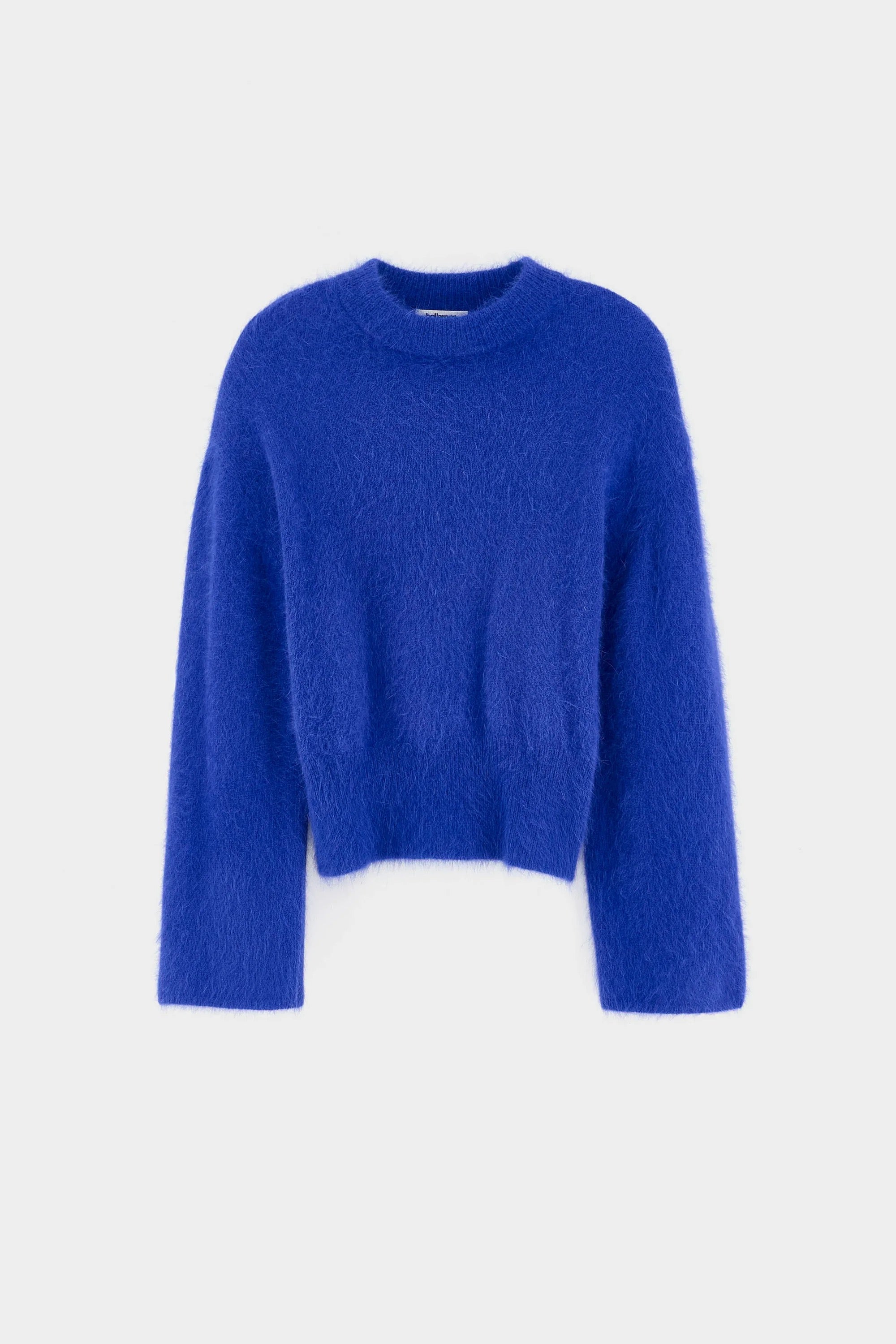 Pull en maille angora duveteuse coupe droite blousante col montant et manches longues évasées Bellerose Dateko Bleu Blueworker -- Bonny Lyon