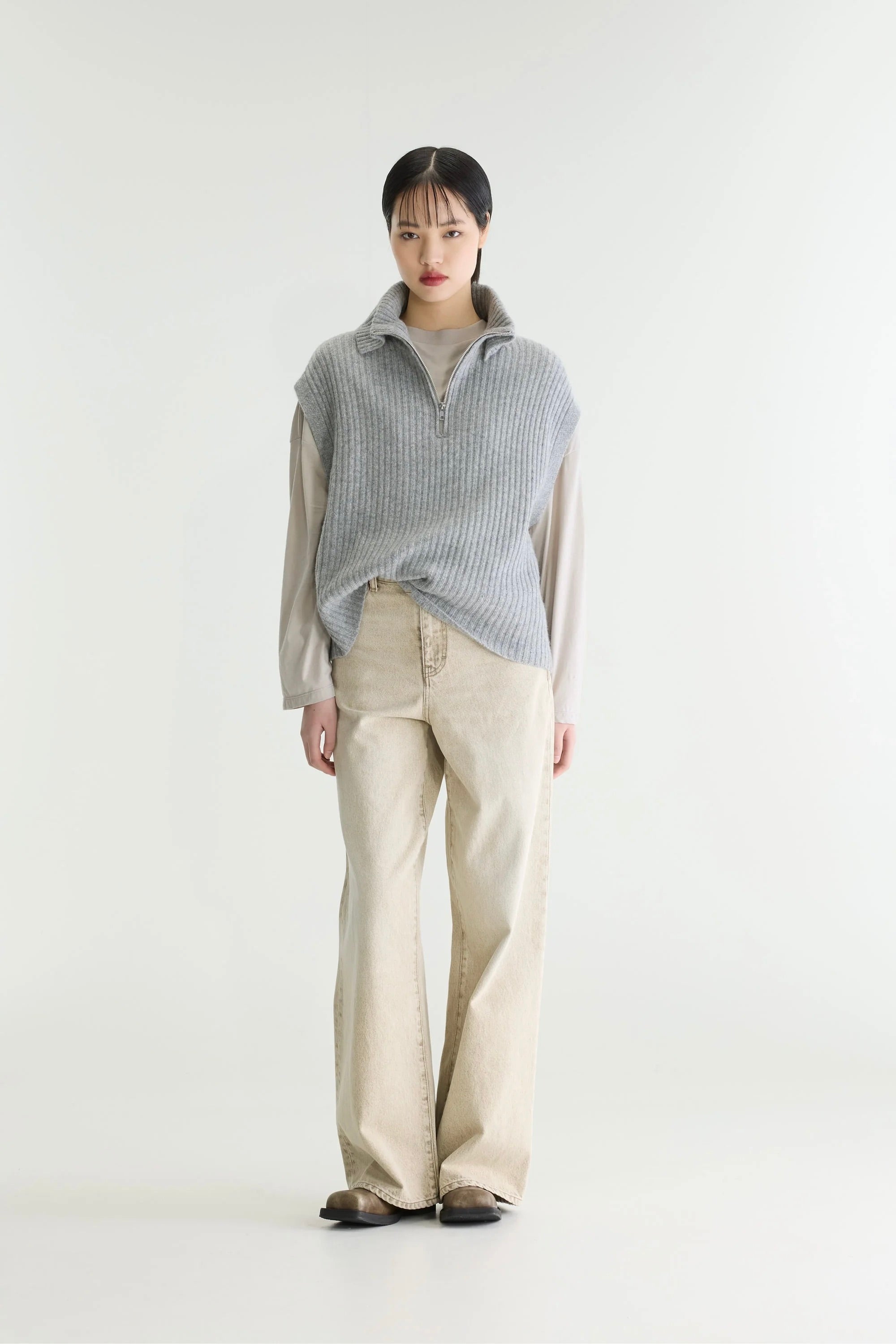Pull sans manche à col camionneur gris chiné Amer Bellerose -- Bonny Lyon