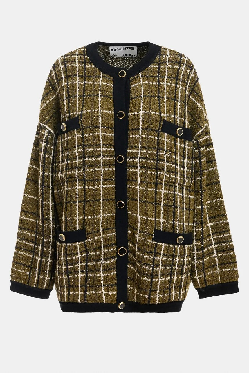Veste en maille tweed kaki noir creme, longueur aux hanches Essentiel Antwerp Kannel -- Bonny Lyon