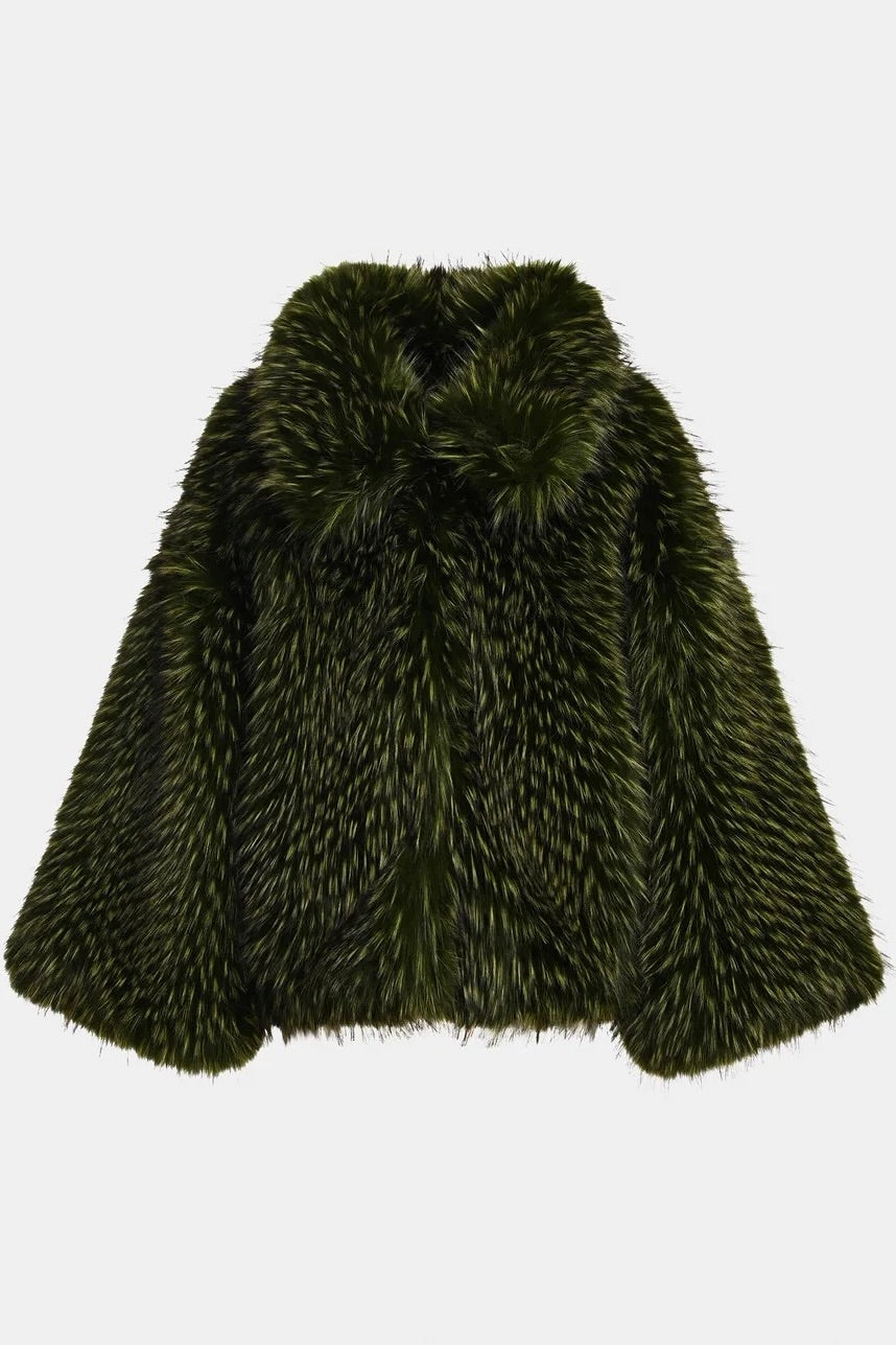 Veste courte en fausse fourrure oversized maxi volumineuse poil long vert Essentiel Antwerp Kastanje -- Bonny Lyon