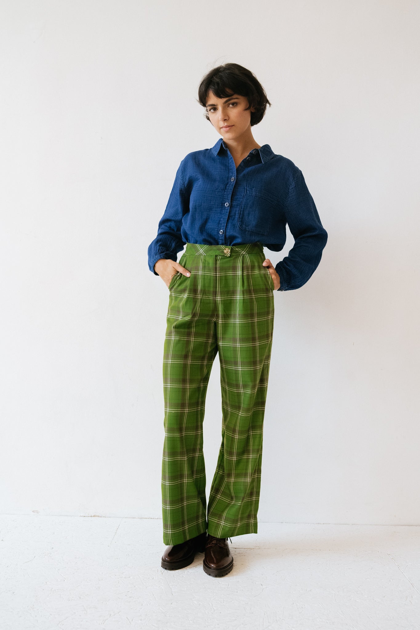 Pantalon coupe droite taille haute carreaux Juline Vert Frnch Bonny Lyon