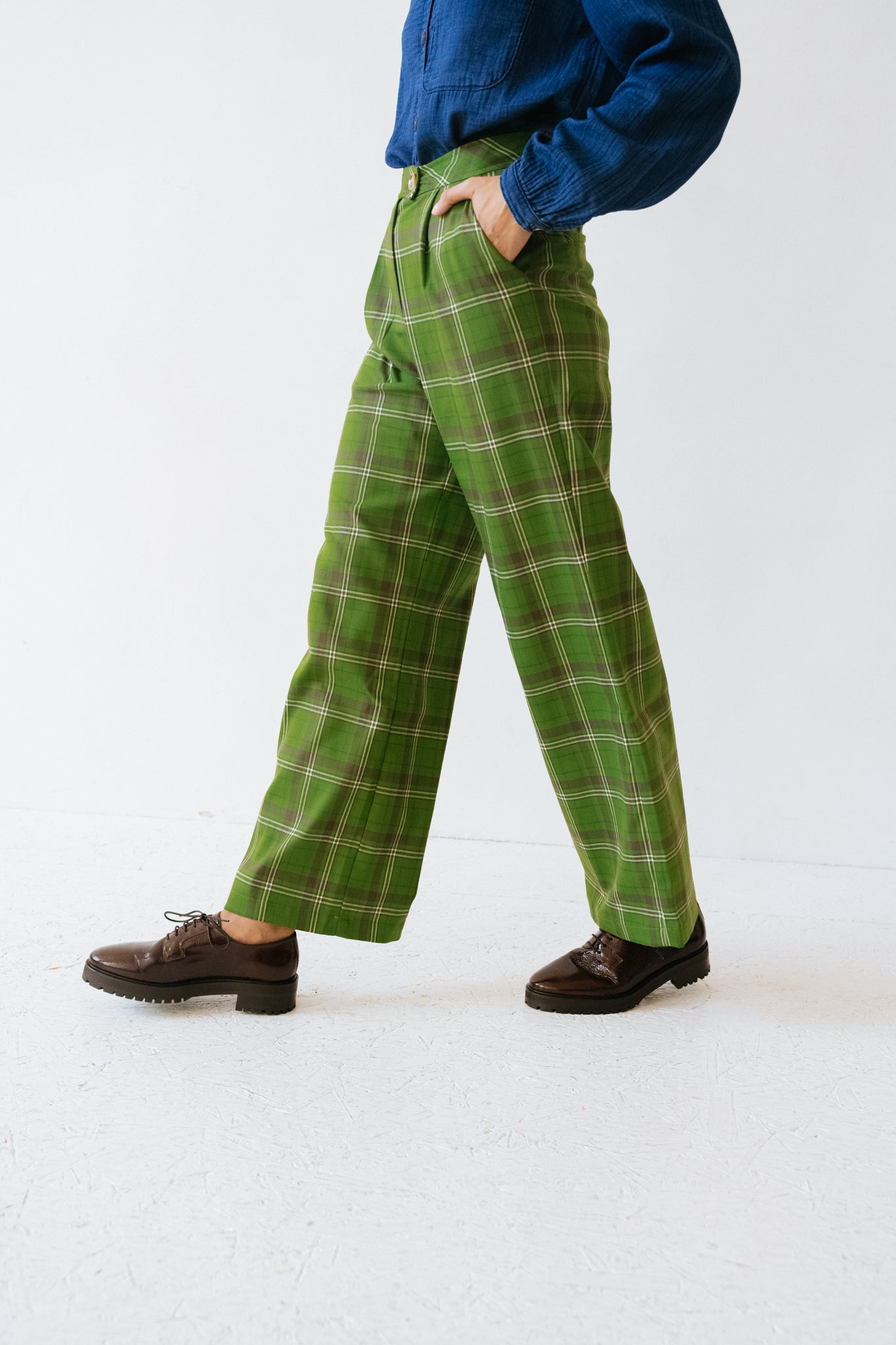 Pantalon coupe droite taille haute carreaux Juline Vert Frnch Bonny Lyon