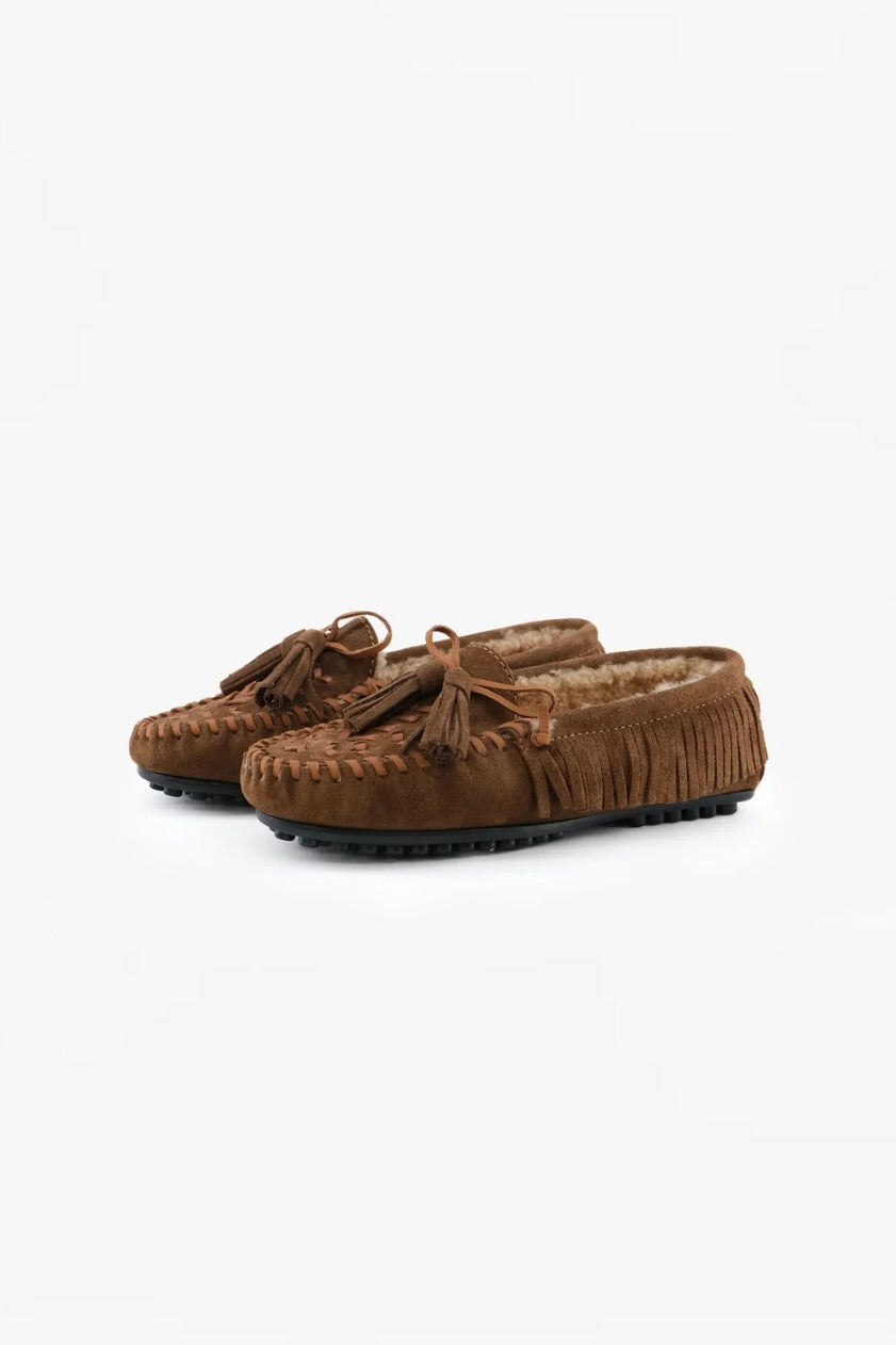 mocassins à franges souples en daim doublé de fourrure sherling semelle caoutchouc Momo Toral -- Bonny Lyon 