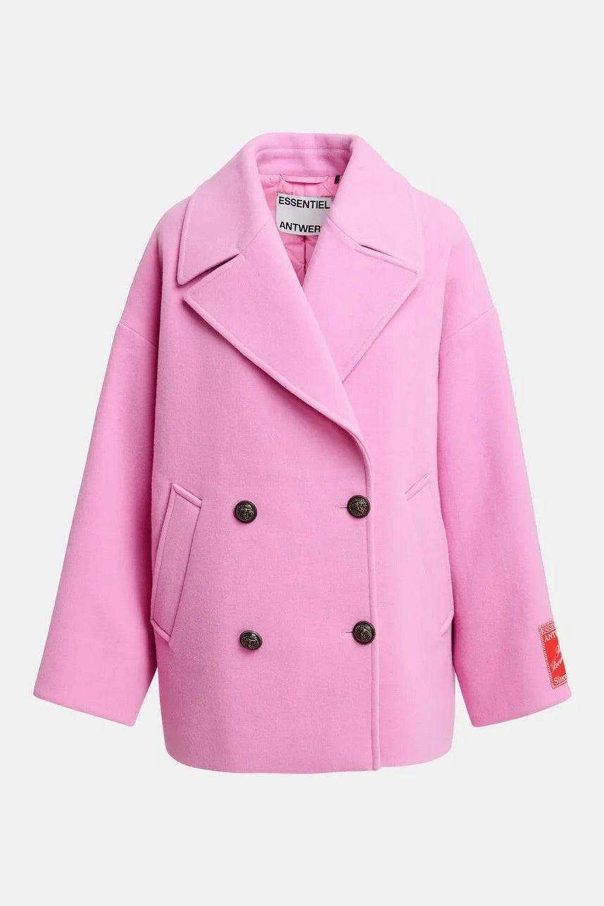 Manteau court oversized en laine rose bonbon Essentiel Antwerp Kidney -- Bonny Lyon 