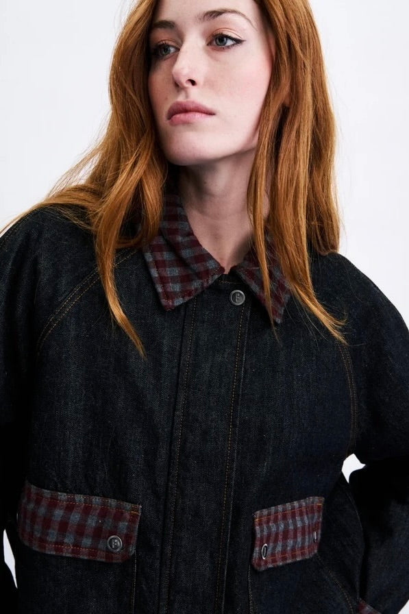 Veste courte oversized en denim brut et col, revers de manches et rabats de poche en vichy bordeaux/gris Frnch Honshu -- Bonny Lyon 