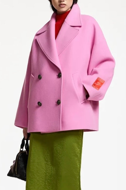 Manteau court oversized en laine rose bonbon Essentiel Antwerp Kidney -- Bonny Lyon 