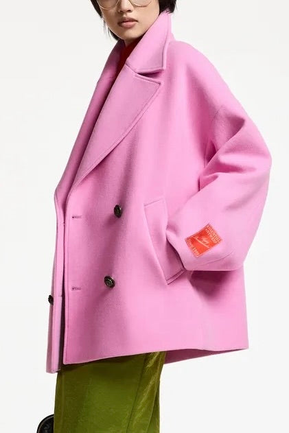 Manteau court oversized en laine rose bonbon Essentiel Antwerp Kidney -- Bonny Lyon 
