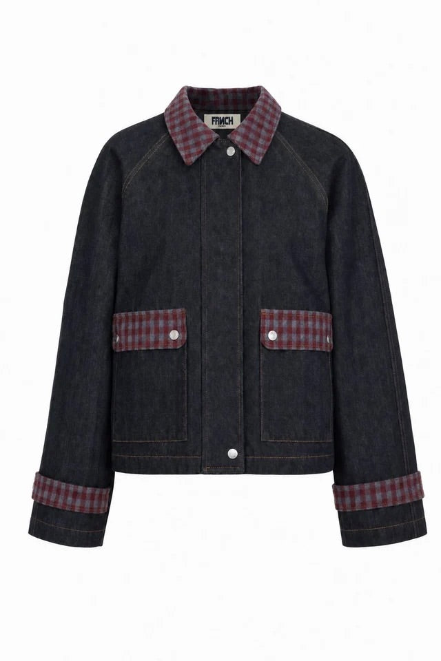 Veste courte oversized en denim brut et col, revers de manches et rabats de poche en vichy bordeaux/gris Frnch Honshu -- Bonny Lyon 