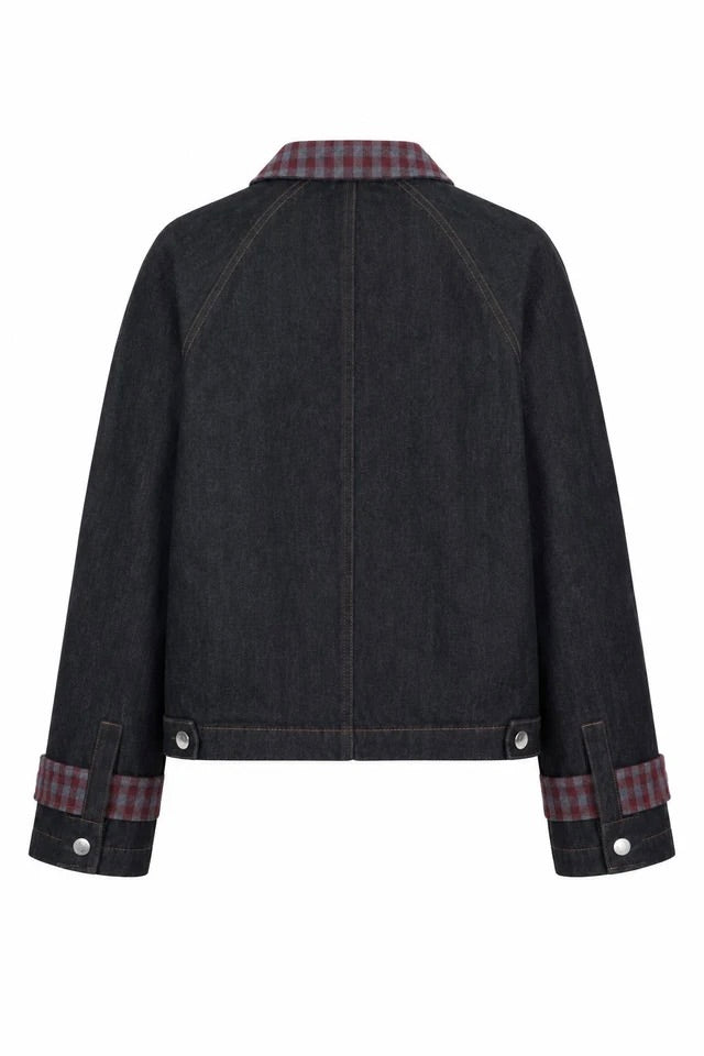 Veste courte oversized en denim brut et col, revers de manches et rabats de poche en vichy bordeaux/gris Frnch Honshu -- Bonny Lyon 