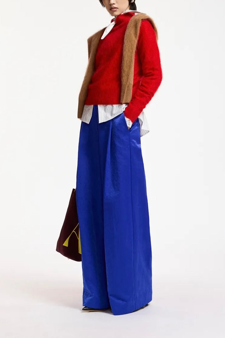 pantalon a jambes larges bleu cobalt taille haute tissu satiné Essentiel Antwerp Karmen -- Bonny Lyon 