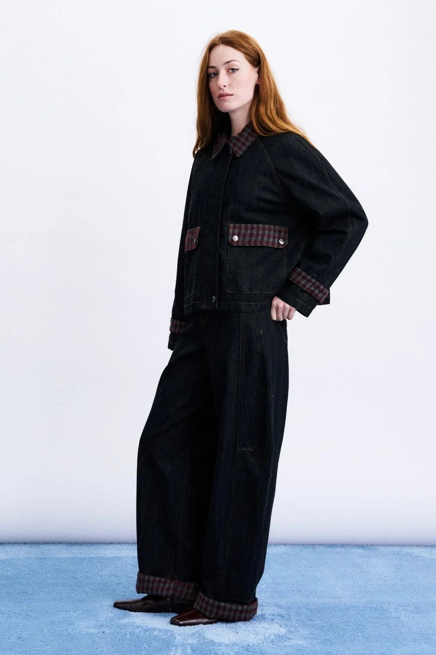 Veste courte oversized en denim brut et col, revers de manches et rabats de poche en vichy bordeaux/gris Frnch Honshu -- Bonny Lyon 