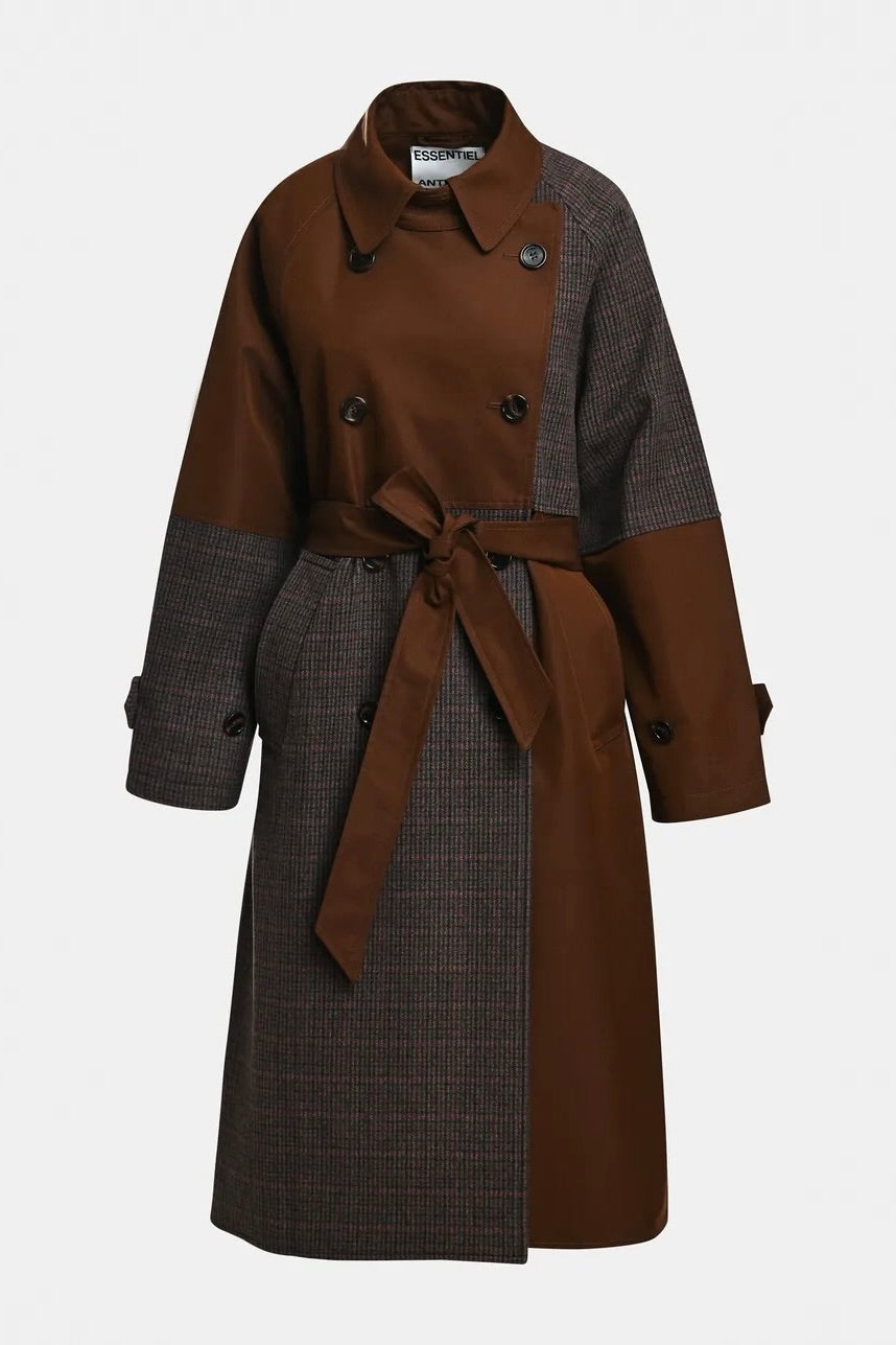 Trench bimatière patchwork marron et carreaux Kagu Essentiel Antwerp -- Bonny Lyon 