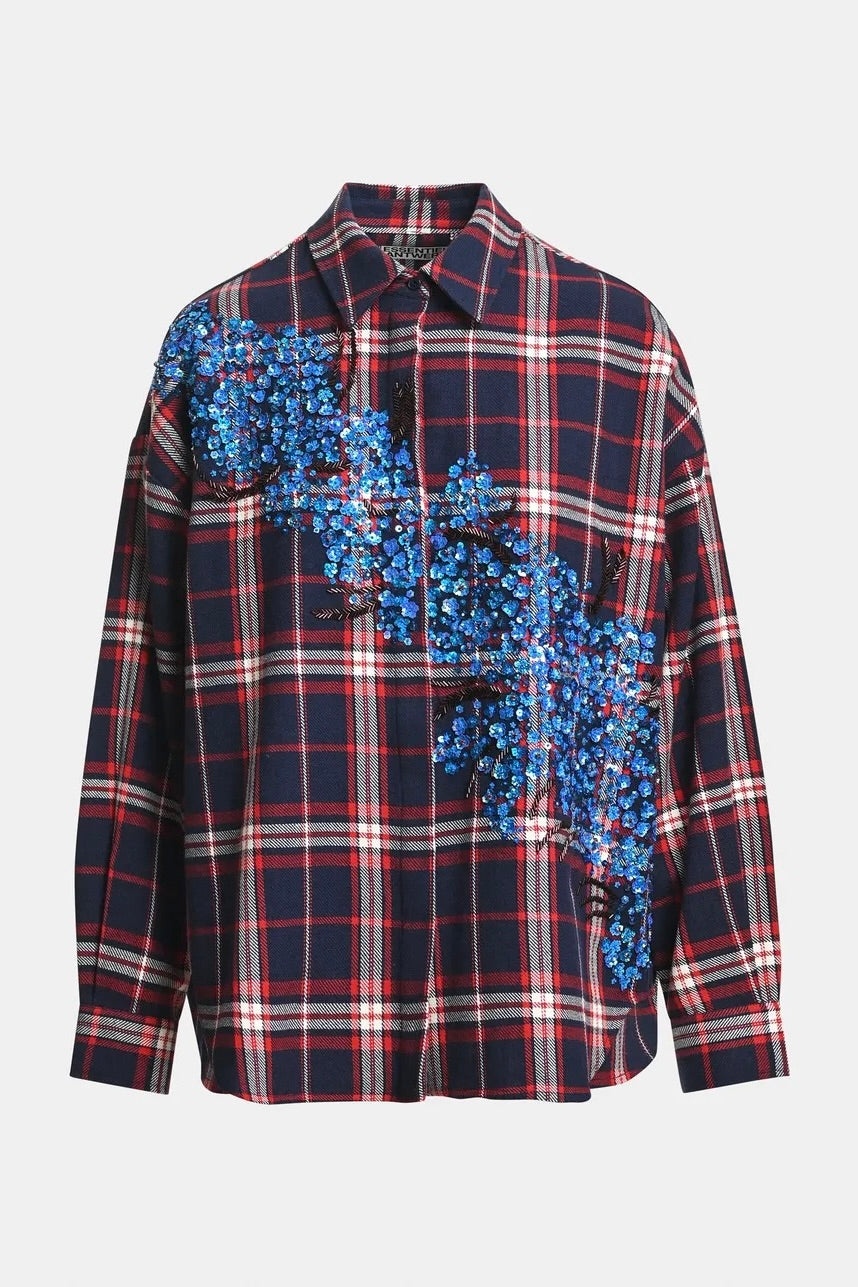 Chemise oversized à carreaux marine et rouge brodée de perles et sequins Essentiel Antwerp Kirke -- Bonny Lyon 