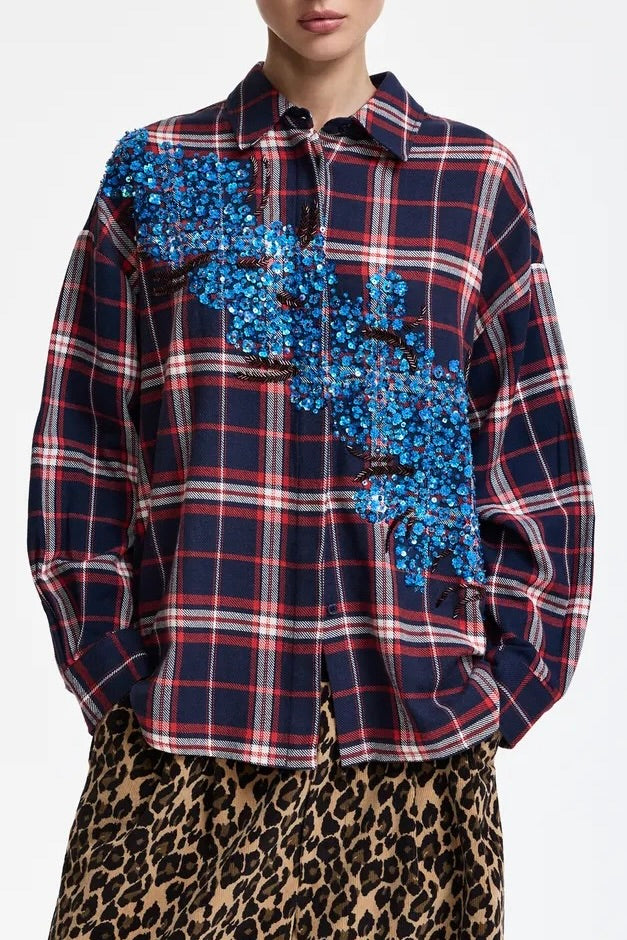 Chemise oversized à carreaux marine et rouge brodée de perles et sequins Essentiel Antwerp Kirke -- Bonny Lyon 