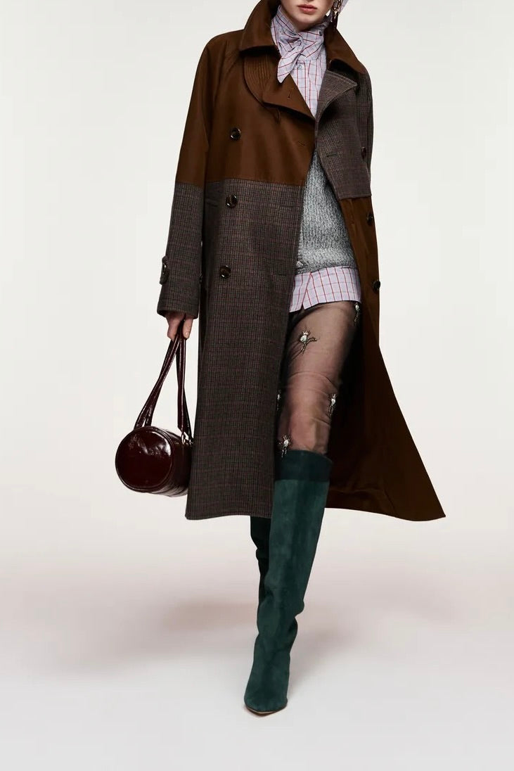 Trench bimatière patchwork marron et carreaux Kagu Essentiel Antwerp -- Bonny Lyon 