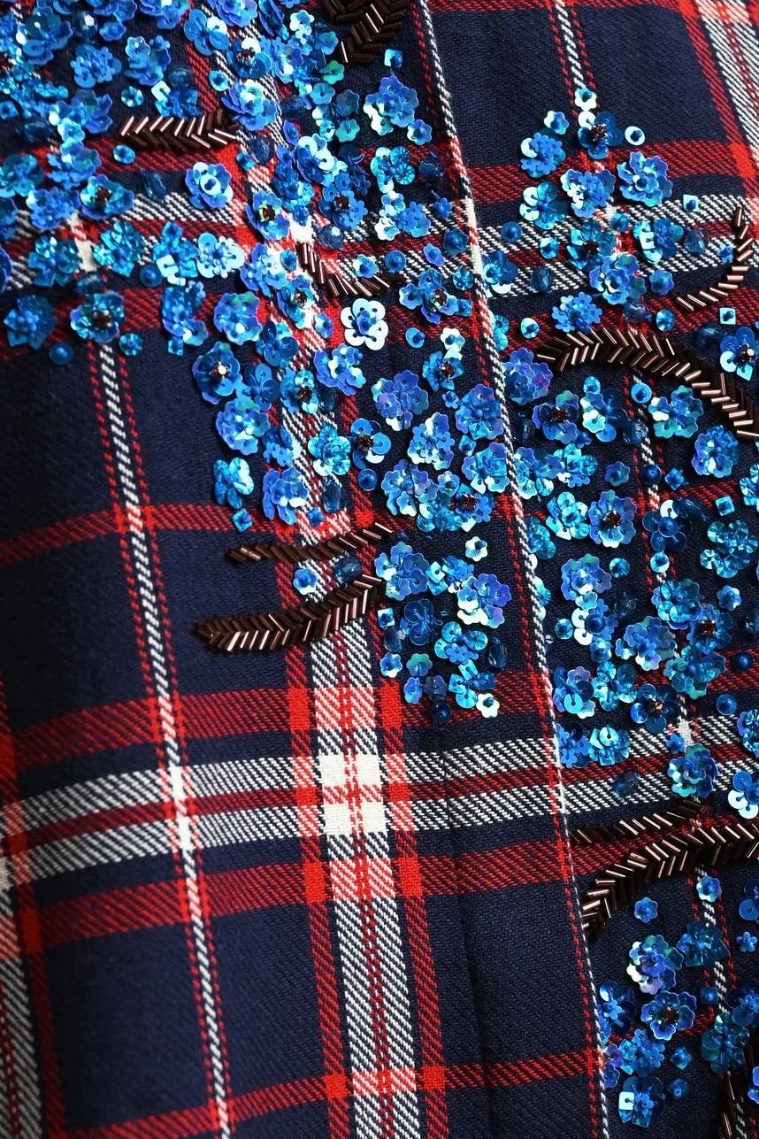 Chemise oversized à carreaux marine et rouge brodée de perles et sequins Essentiel Antwerp Kirke -- Bonny Lyon 