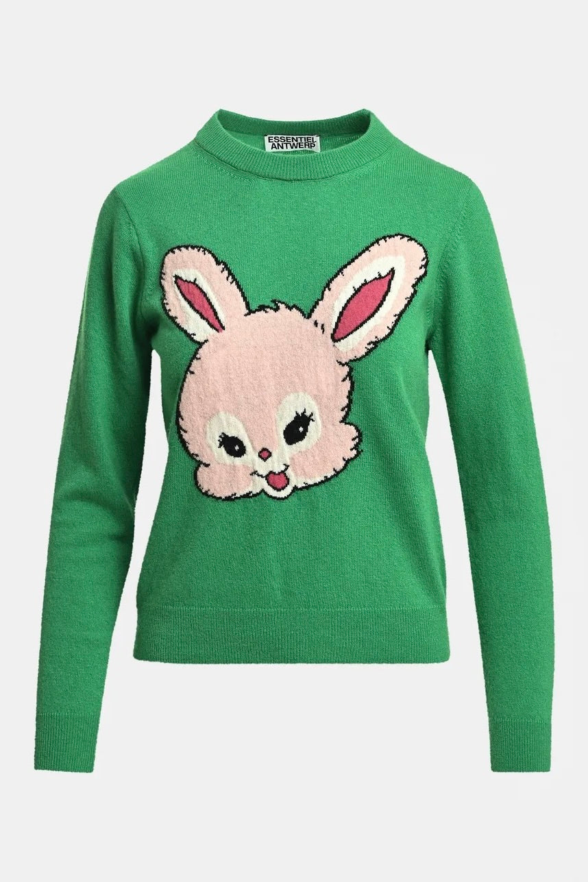 Pull vert vif avec motif intersia lapin rose Capital Essentiel Antwerp -- Bonny Lyon