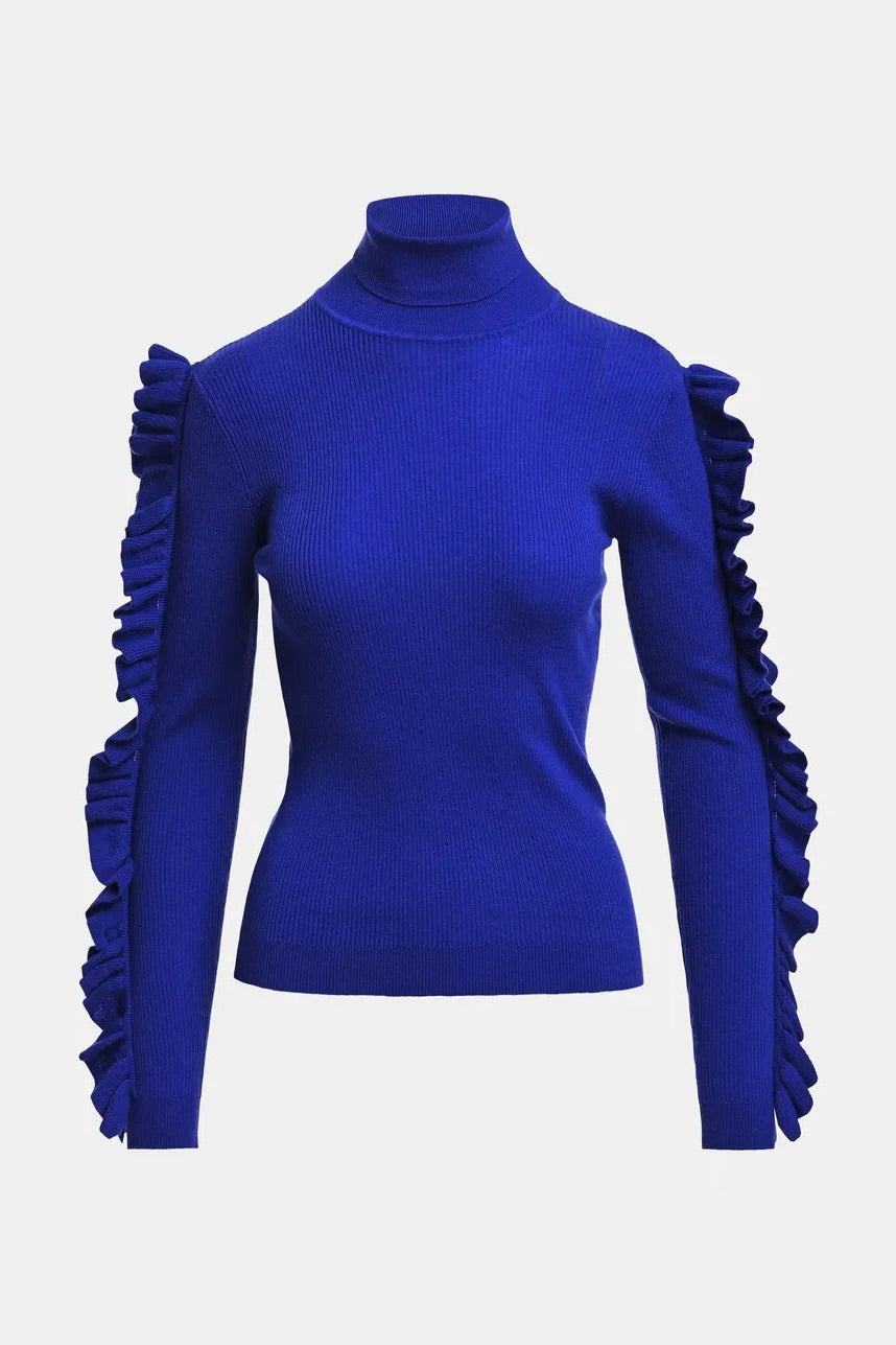 Pull ajusté en maille côtelée bleu électrique volants en cascade sur les manches col roulé Essentiel Antwerp Kitty -- Bonny Lyon 