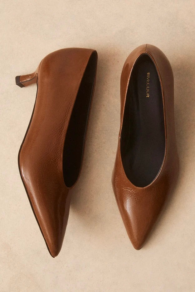 Escarpins à bout pointu en cuir vernis brun talons de 4cm modèle no.413 Rivecour -- Bonny Lyon 