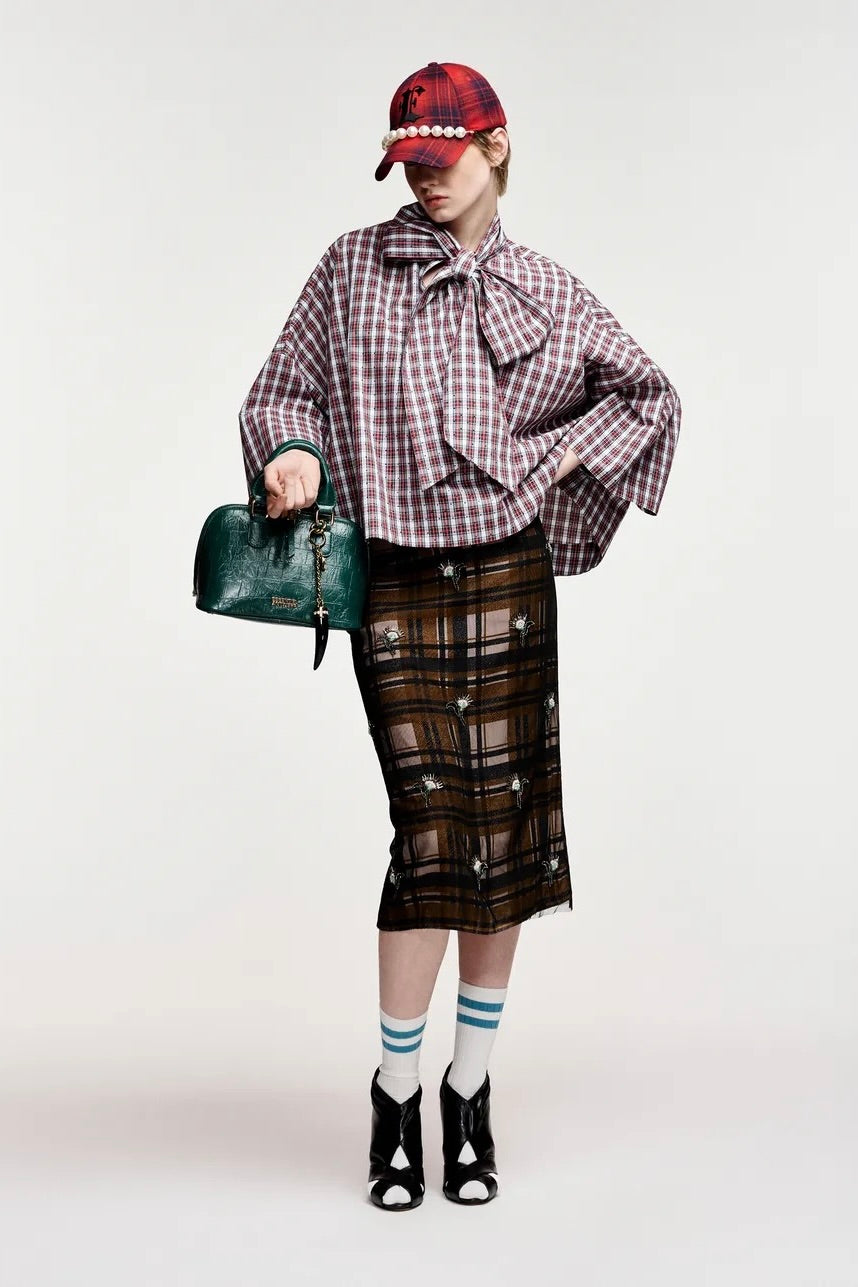 Jupe midi tartan marron recouvert de tulle brodé de perles et strass Essentiel Antwerp Kate -- Bonny Lyon 