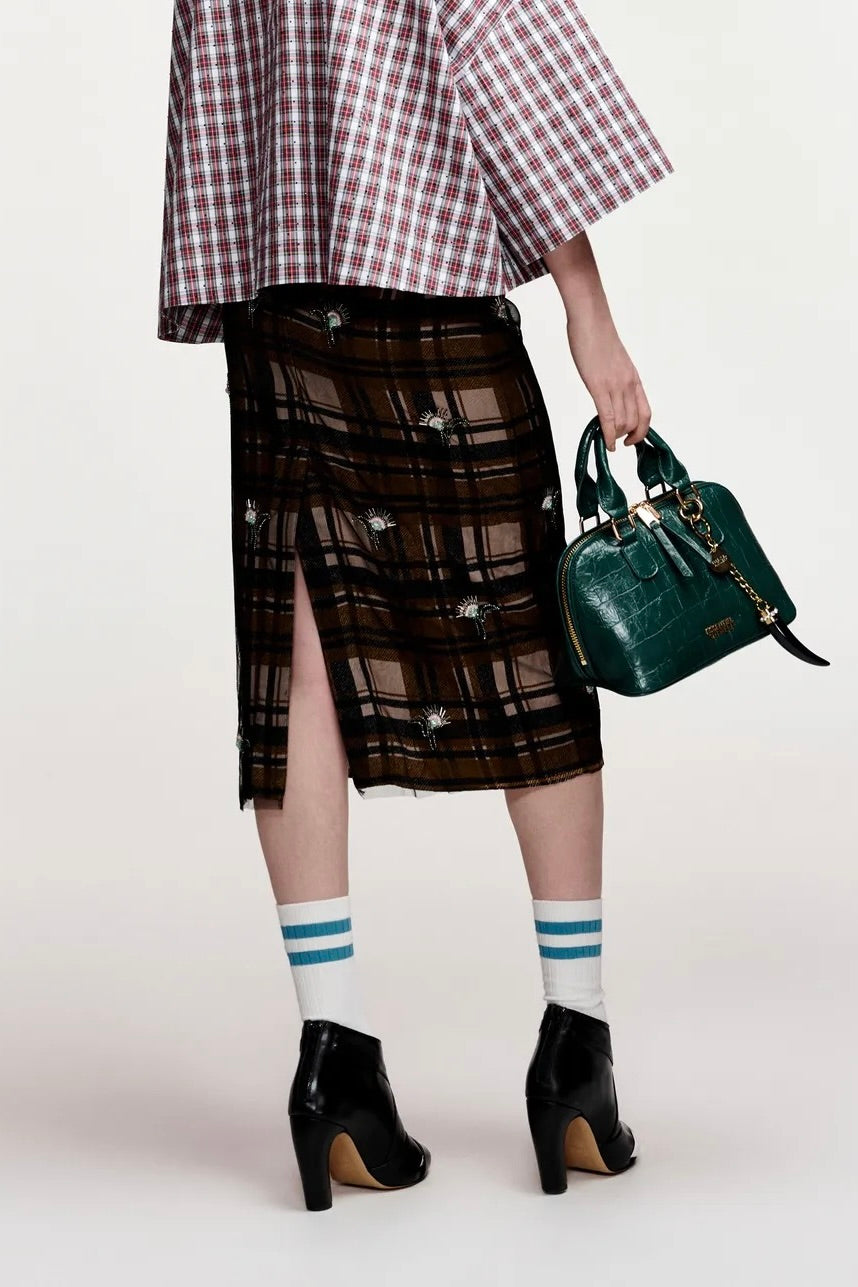 Jupe midi tartan marron recouvert de tulle brodé de perles et strass Essentiel Antwerp Kate -- Bonny Lyon 