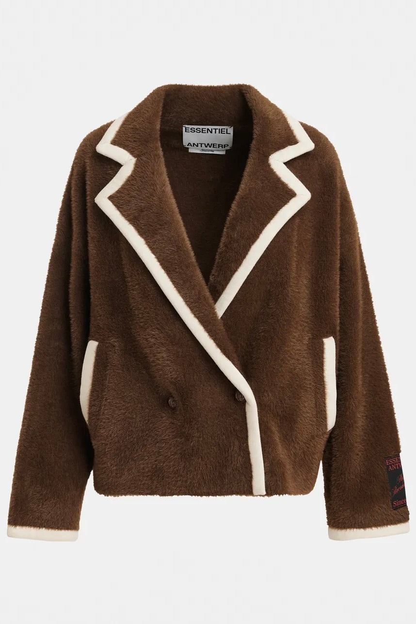 Cardigan oversized ultra doux brun au liserés contrastants crème Essentiel Antwerp Kugar -- Bonny Lyon 