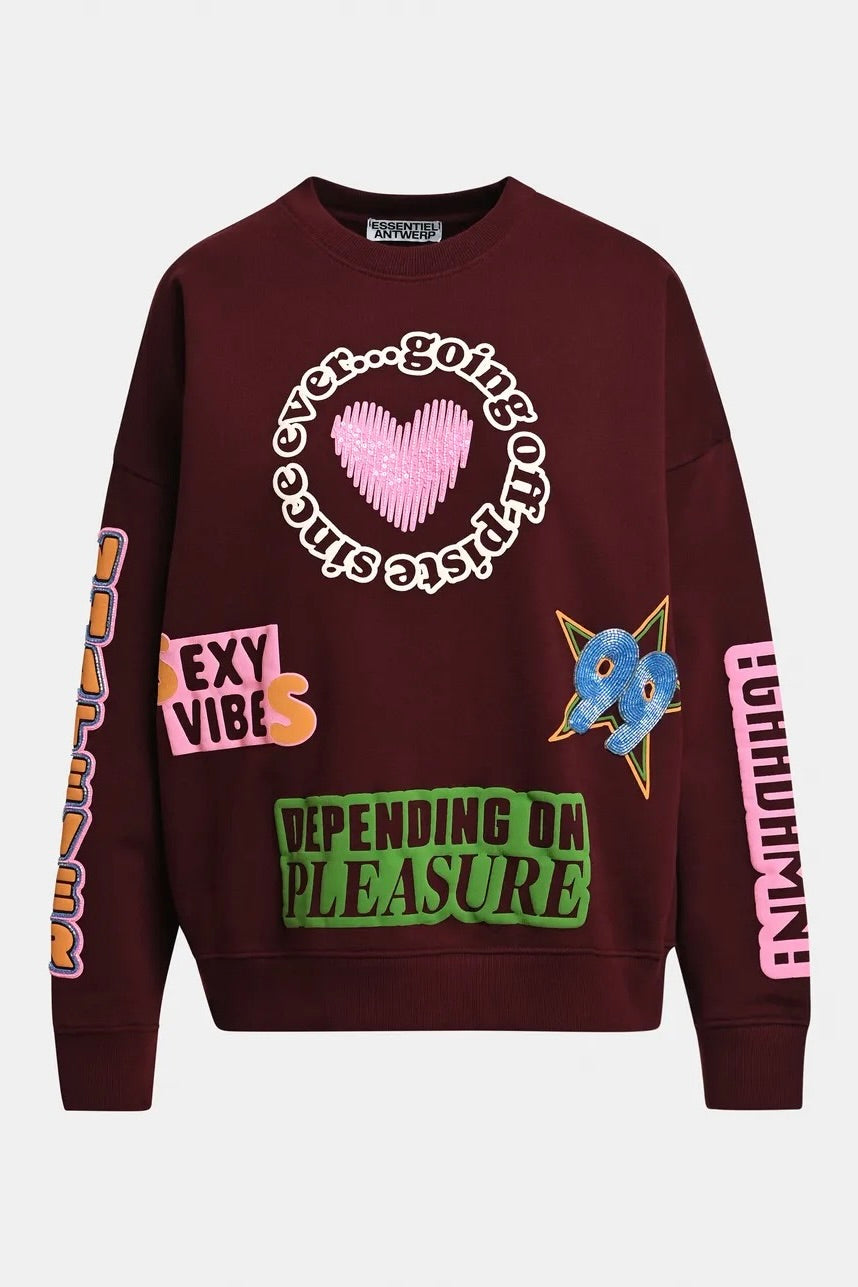 Sweatshirt en coton imprimé et brodé de paillettes et perles, imprimés multicolores sur fond bordeaux Essentiel Antwerp Campus -- Bonny Lyon 