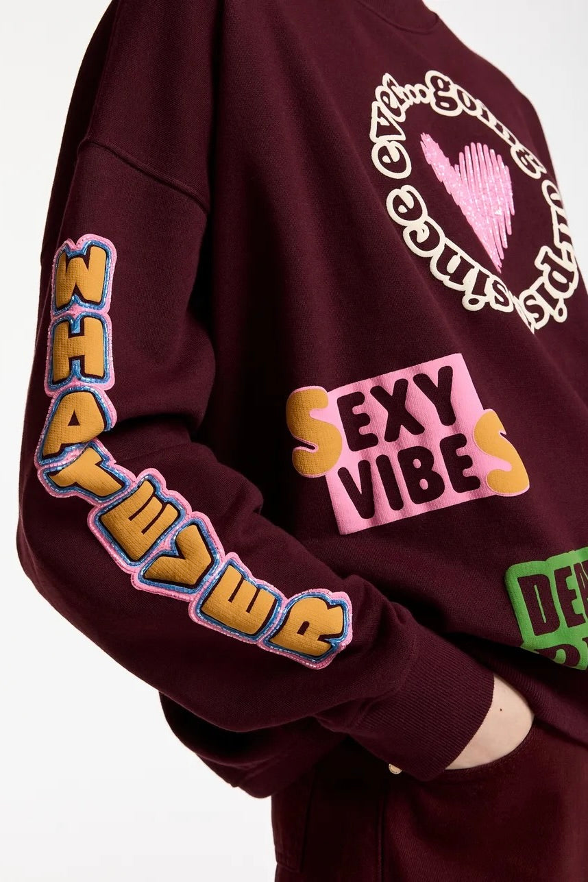 Sweatshirt en coton imprimé et brodé de paillettes et perles, imprimés multicolores sur fond bordeaux Essentiel Antwerp Campus -- Bonny Lyon 
