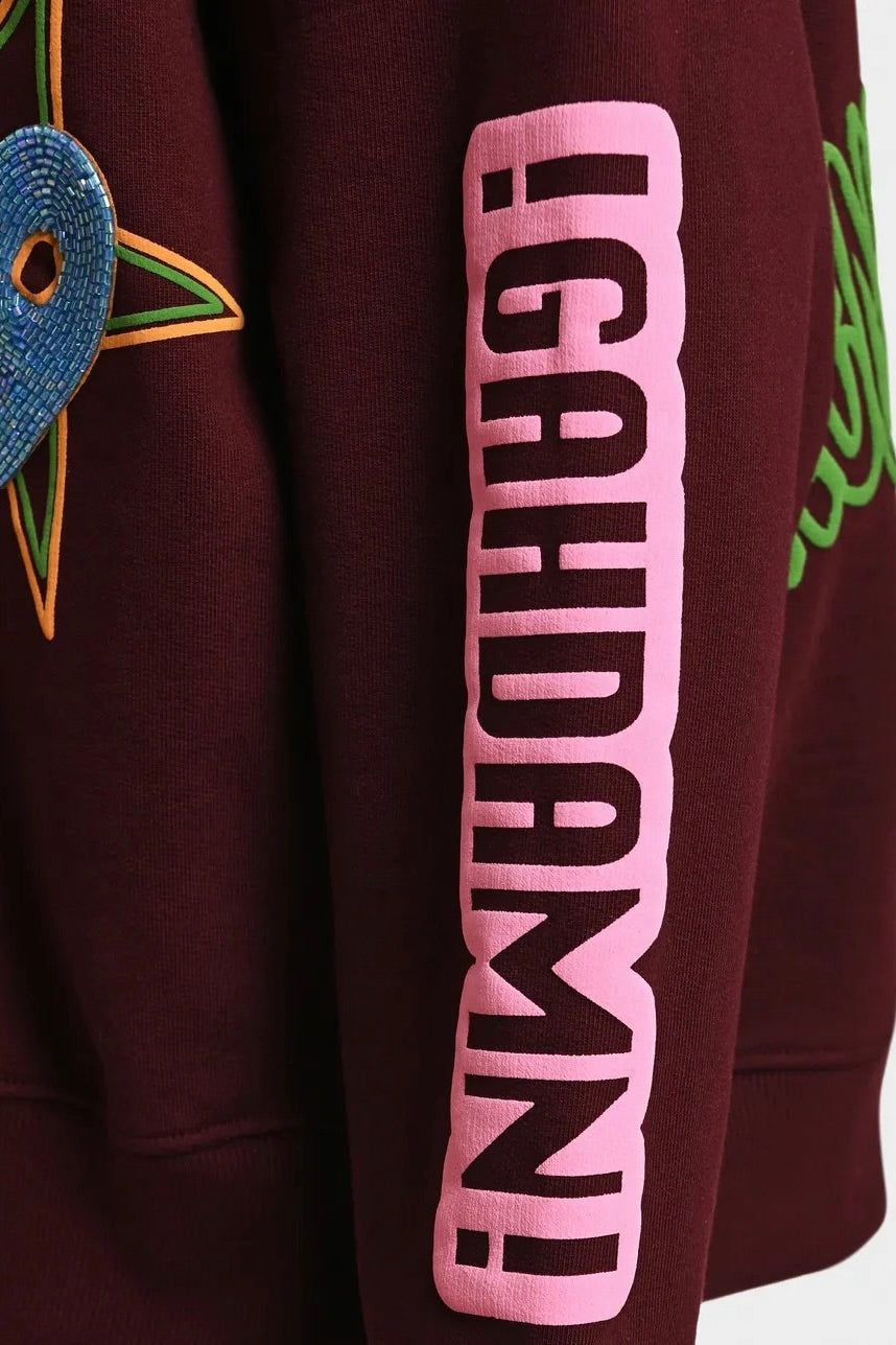 Sweatshirt en coton imprimé et brodé de paillettes et perles, imprimés multicolores sur fond bordeaux Essentiel Antwerp Campus -- Bonny Lyon 