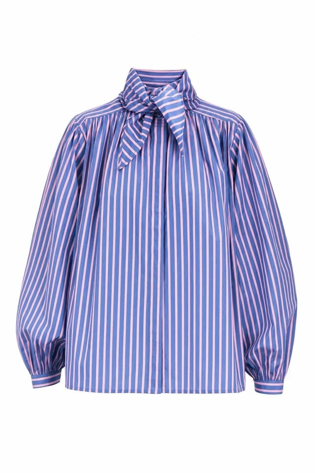 Blouse ample à rayures bleu et rose bandana à nouer au cou type lavallière Frnch Guri -- Bonny Lyon 