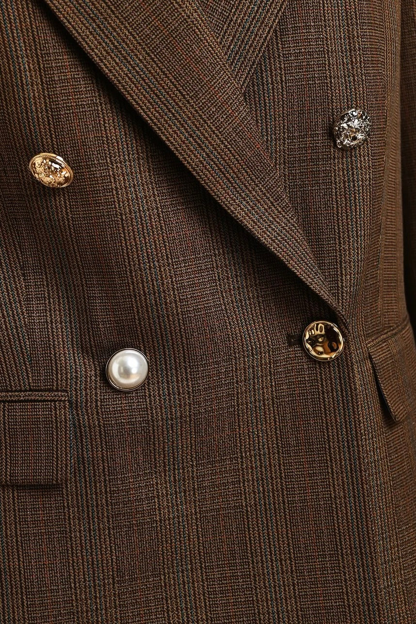 blazer croisé à carreaux prince de galles marron noir et crème boutons dorées bijoux dépareillés coupe droite oversized Essentiel Antwerp Kit2 -- Bonny Lyon 